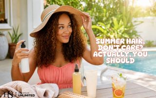 Woman protecting her curly hair with a sun hat and leave-in conditioner during a Louisiana summer.