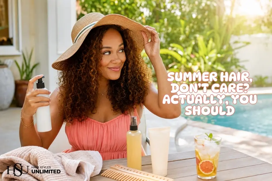 Woman protecting her curly hair with a sun hat and leave-in conditioner during a Louisiana summer.